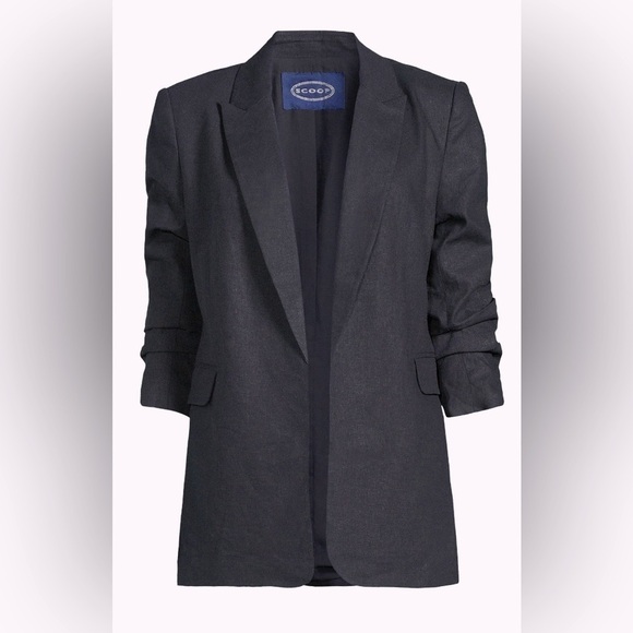 Scoop Jackets & Blazers - Scoop Linen-Blend Open Front Blazer with Tie Back and 3/4 Scrunch Sleeves